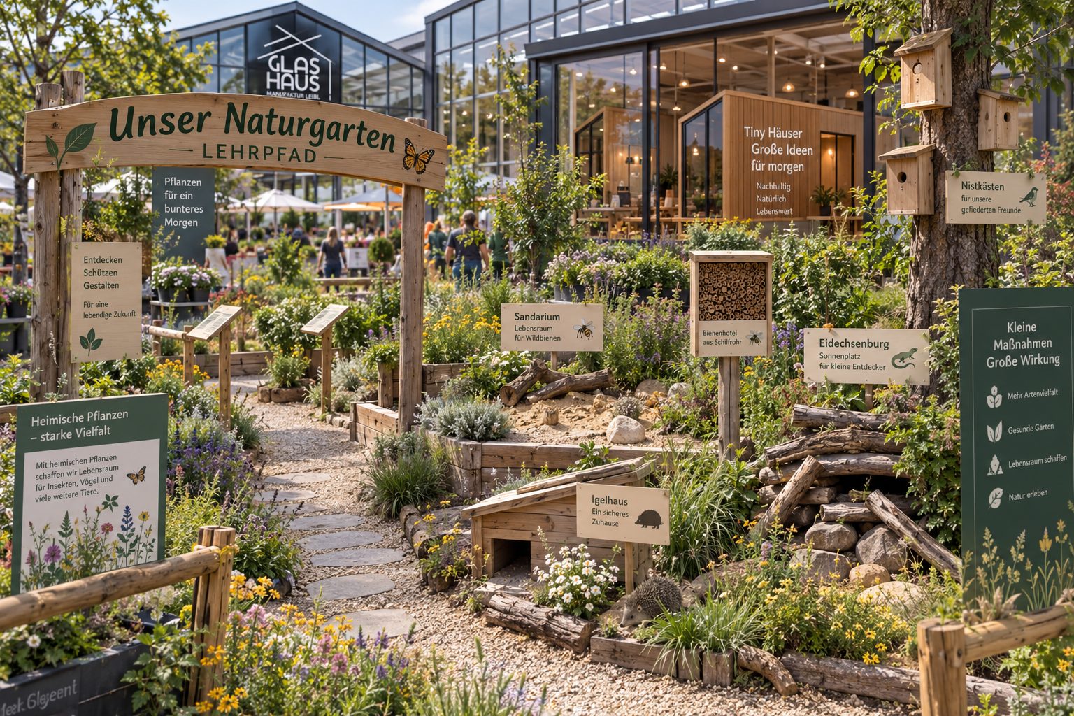 Naturgarten-Lehrpfad im Gartencenter Leibl mit Bienenhotel, Igelhaus und heimischen Pflanzen